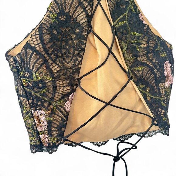 Rachel Allan Sz 2 Floral Lace Embroidered Lace-Up Back Halter Top Black - Picture 9 of 11
